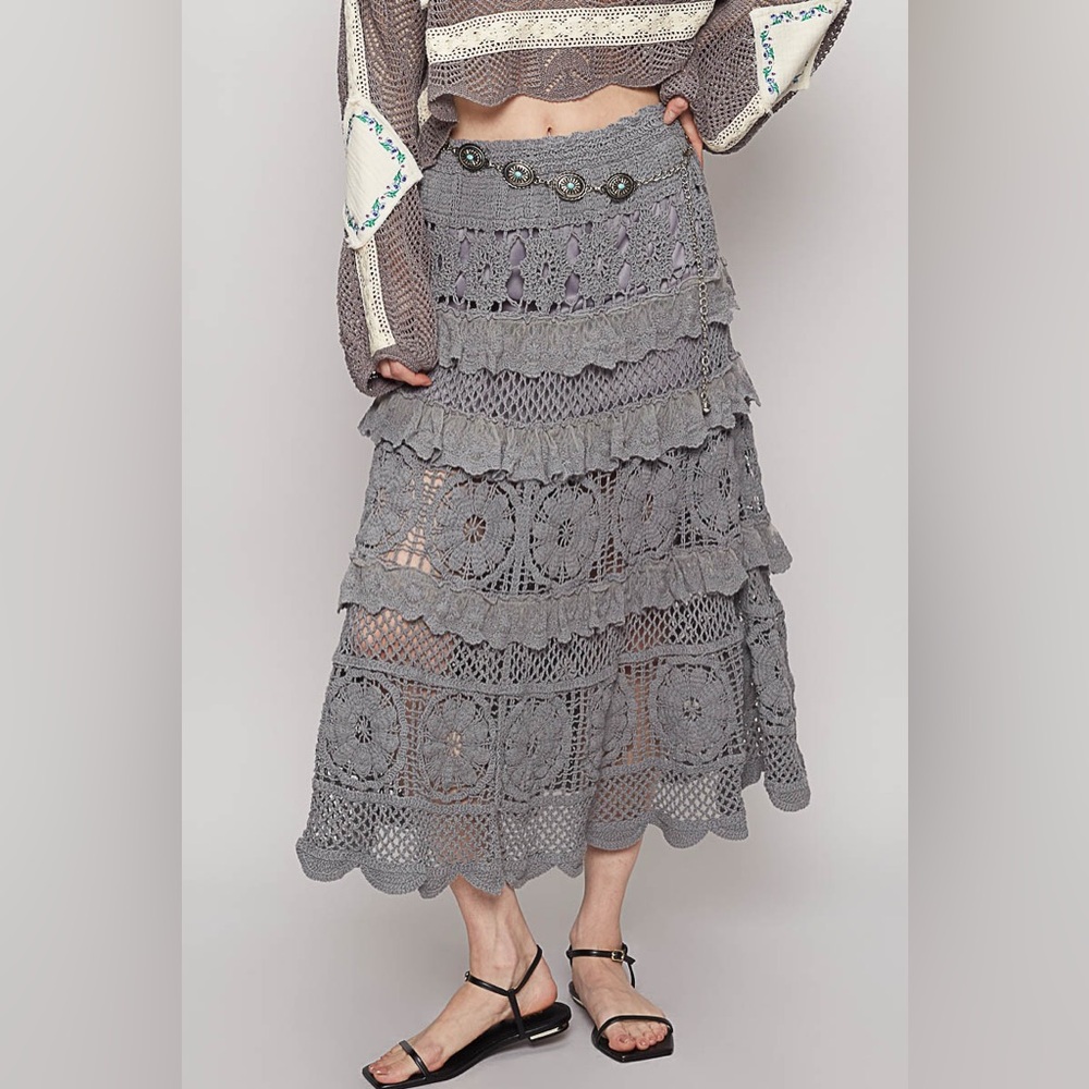 POL Gray Crochet Tiered Midi Skirt cottagecore coquette chic